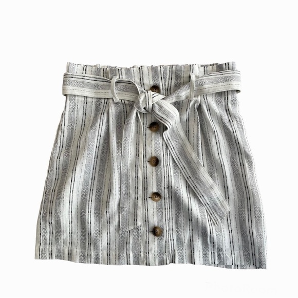 TopShop Linen Mini Skirt Tan black stripes Linen viscose Paperbag waist SMALL - Picture 1 of 11